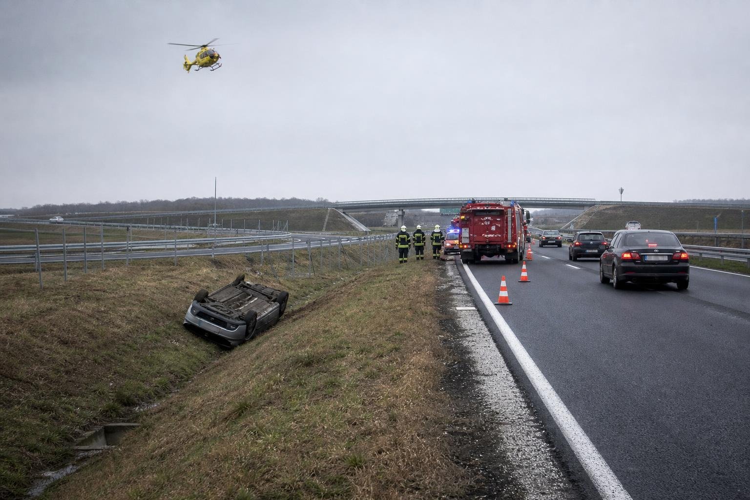 Árokba borult egy autó az M4-es ceglédi szakaszán, mentőhelikopter is érkezett