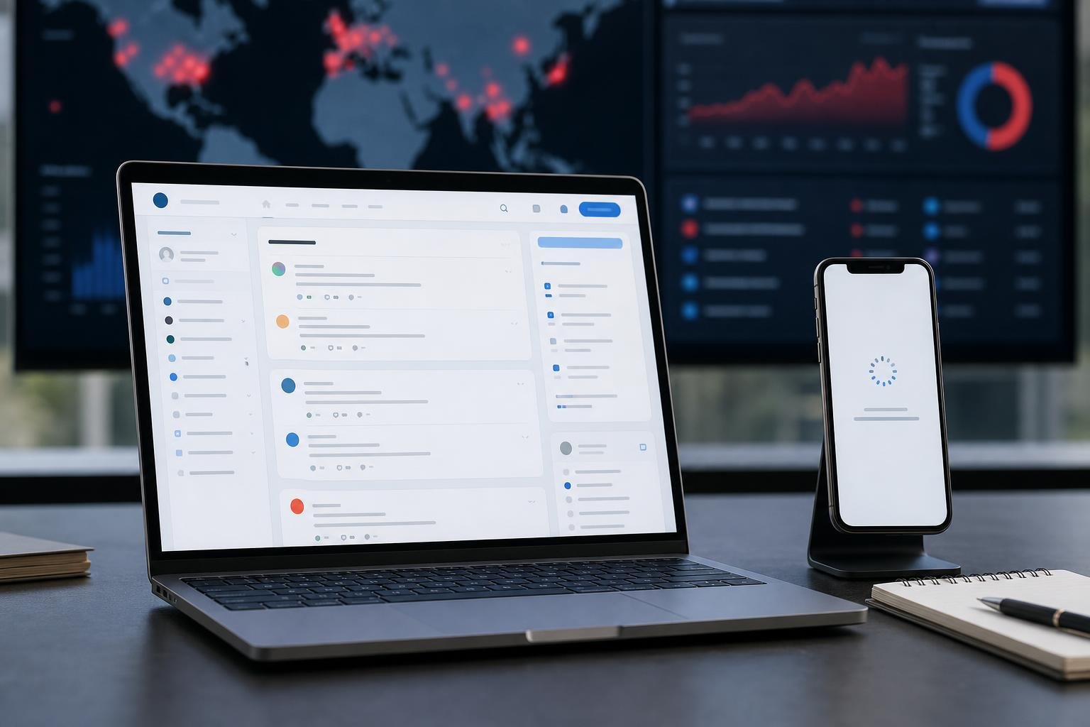 Digitális társadalmi egyeztetési platformot megjelenítő laptop és okostelefon