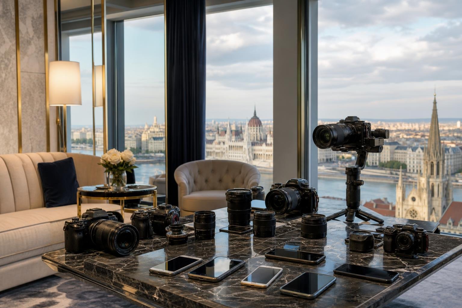 Luxusszálloda és kamerák egy budapesti influenszerrendezvény hangulatát idéző illusztráción