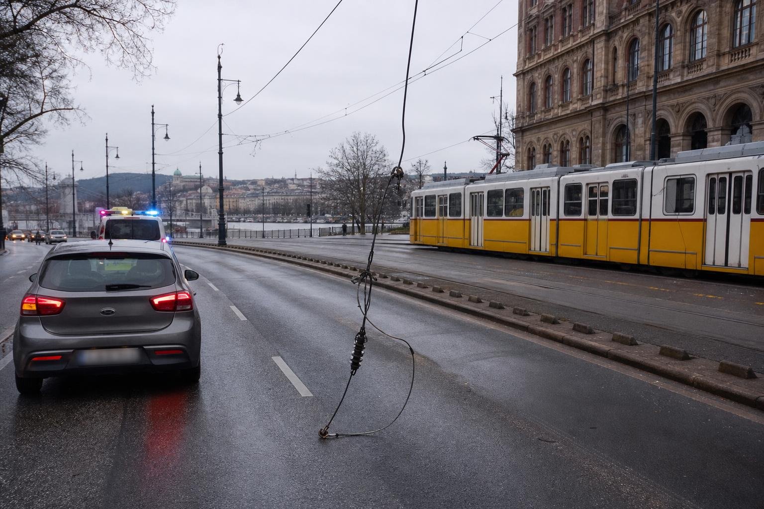 Leszakadt felsővezeték csapódott egy autóba a Lurdy-háznál