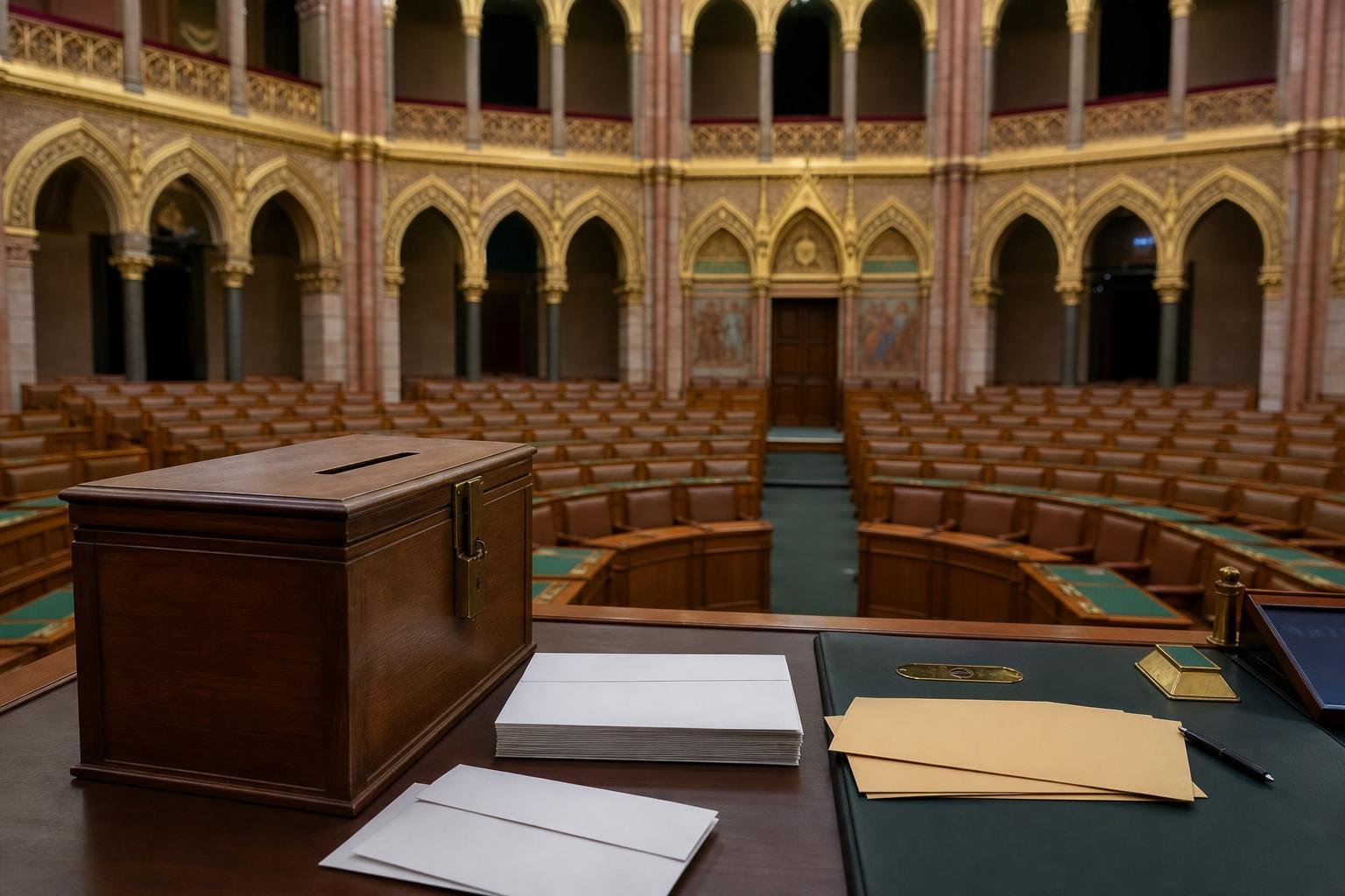 Az Országgyűlés ülésterme szavazáshoz előkészített urnával