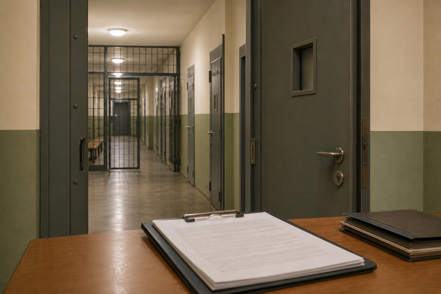Semleges hírilusztráció egy javítóintézeti folyosóról és jogi dokumentumokról