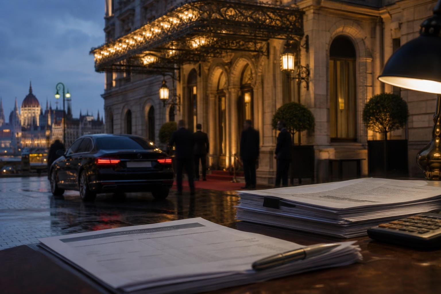 Ötcsillagos budapesti hotel bejárata diplomáciai vendégek érkezésére utaló jelenettel