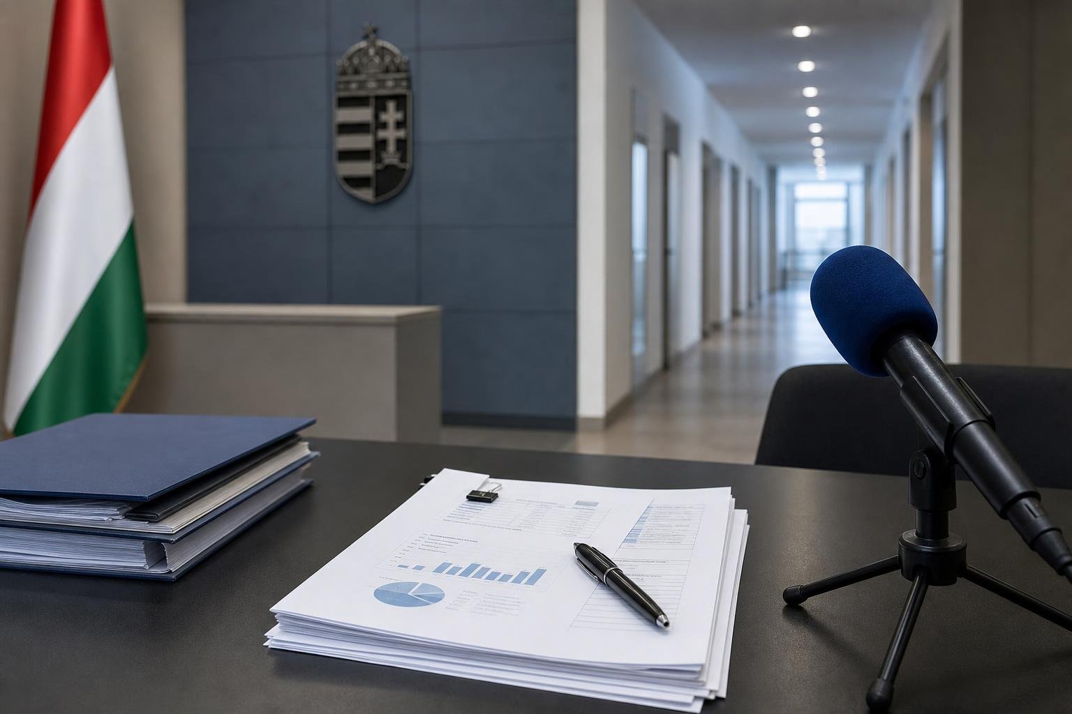 Hivatalos iratok és sajtómikrofon egy intézményi környezetben