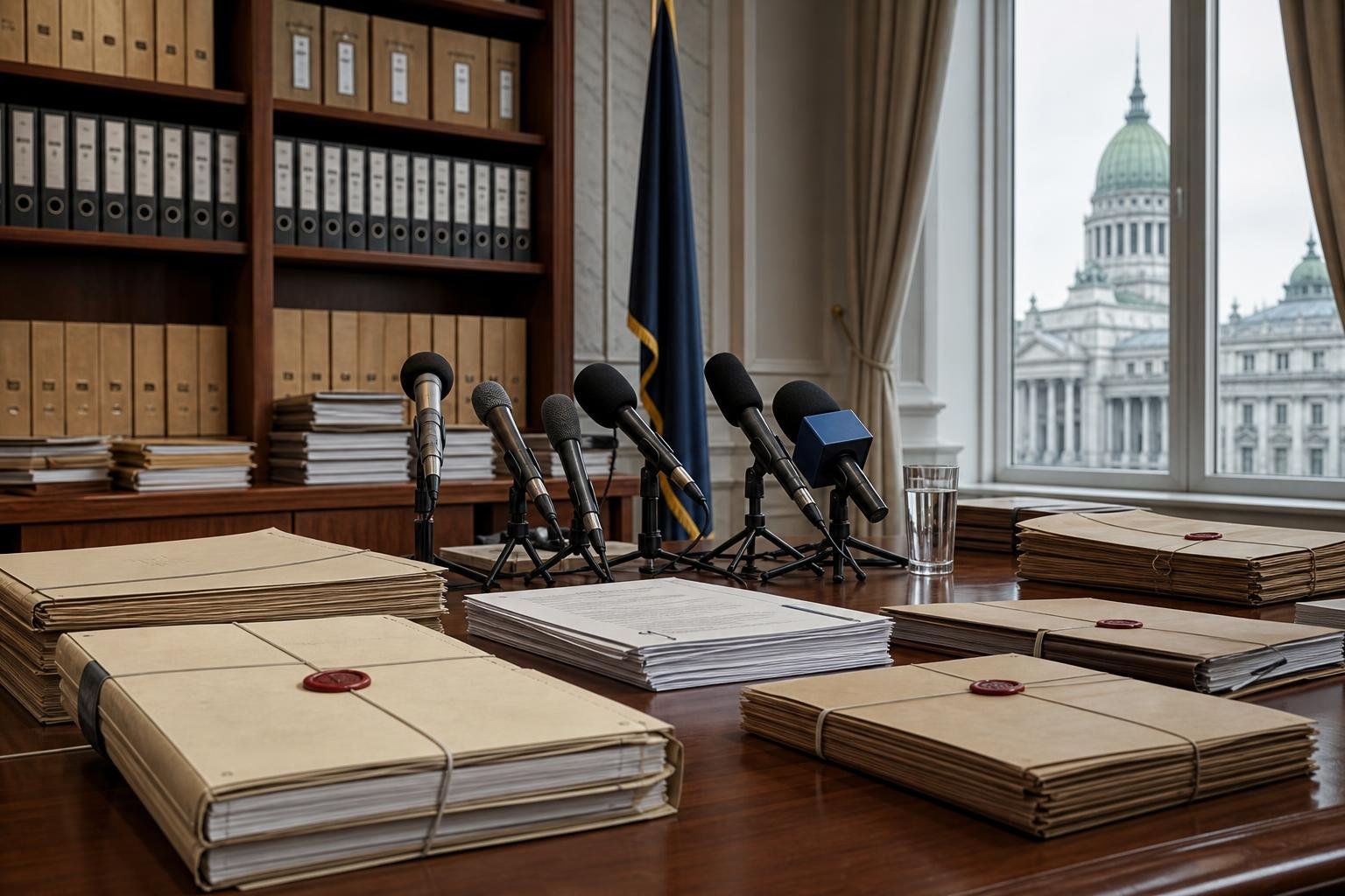 Kormányzati dokumentumok és mikrofon egy sajtóteremben
