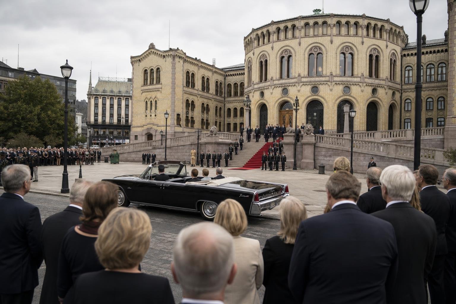 A norvég parlament épülete előtt egy fekete, nyitott tetejű autó érkezik a királyi eskütételre